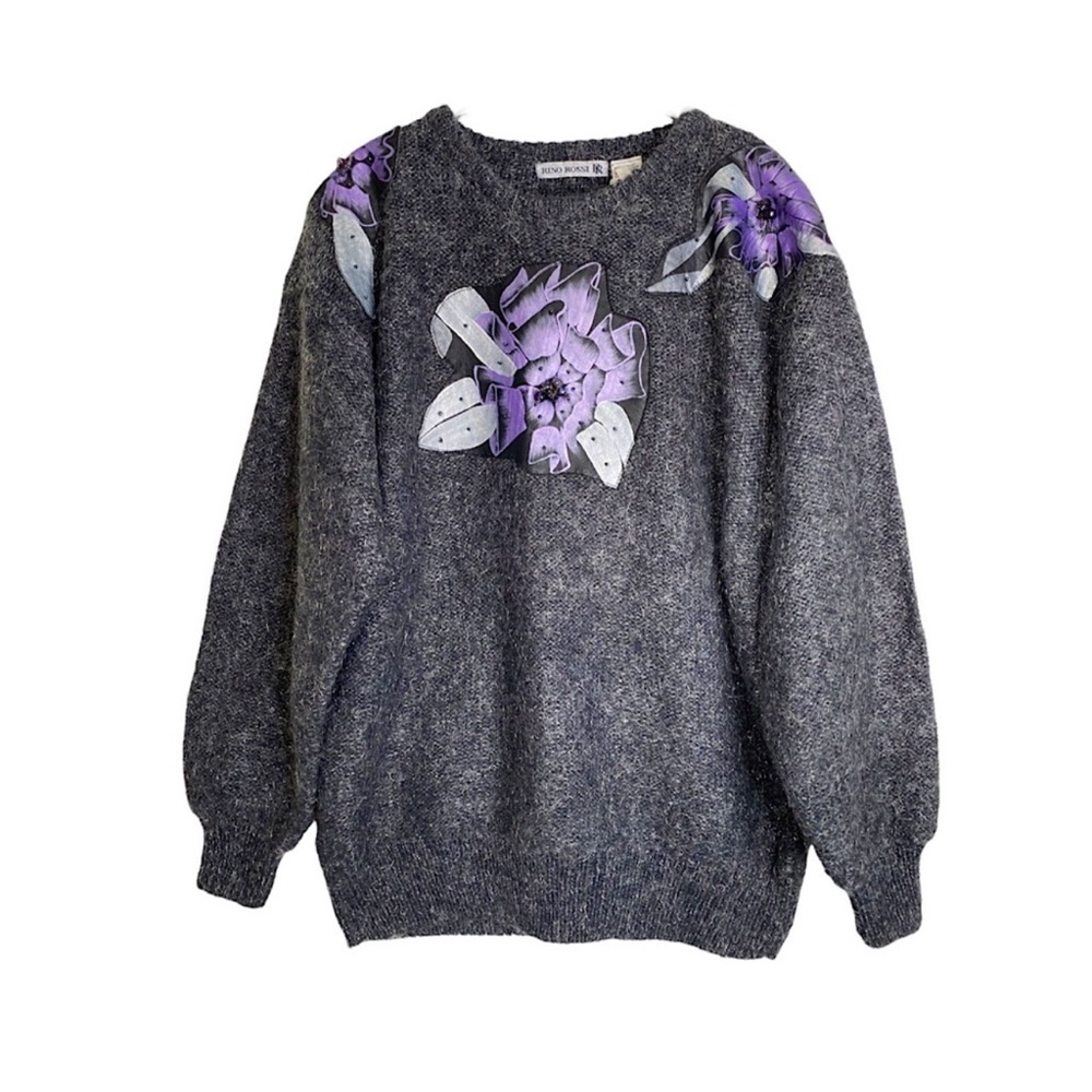 Vintage  80s Fuzzy Wool Blend Floral Faux Leather Appliqué Sweater Beaded Grey L